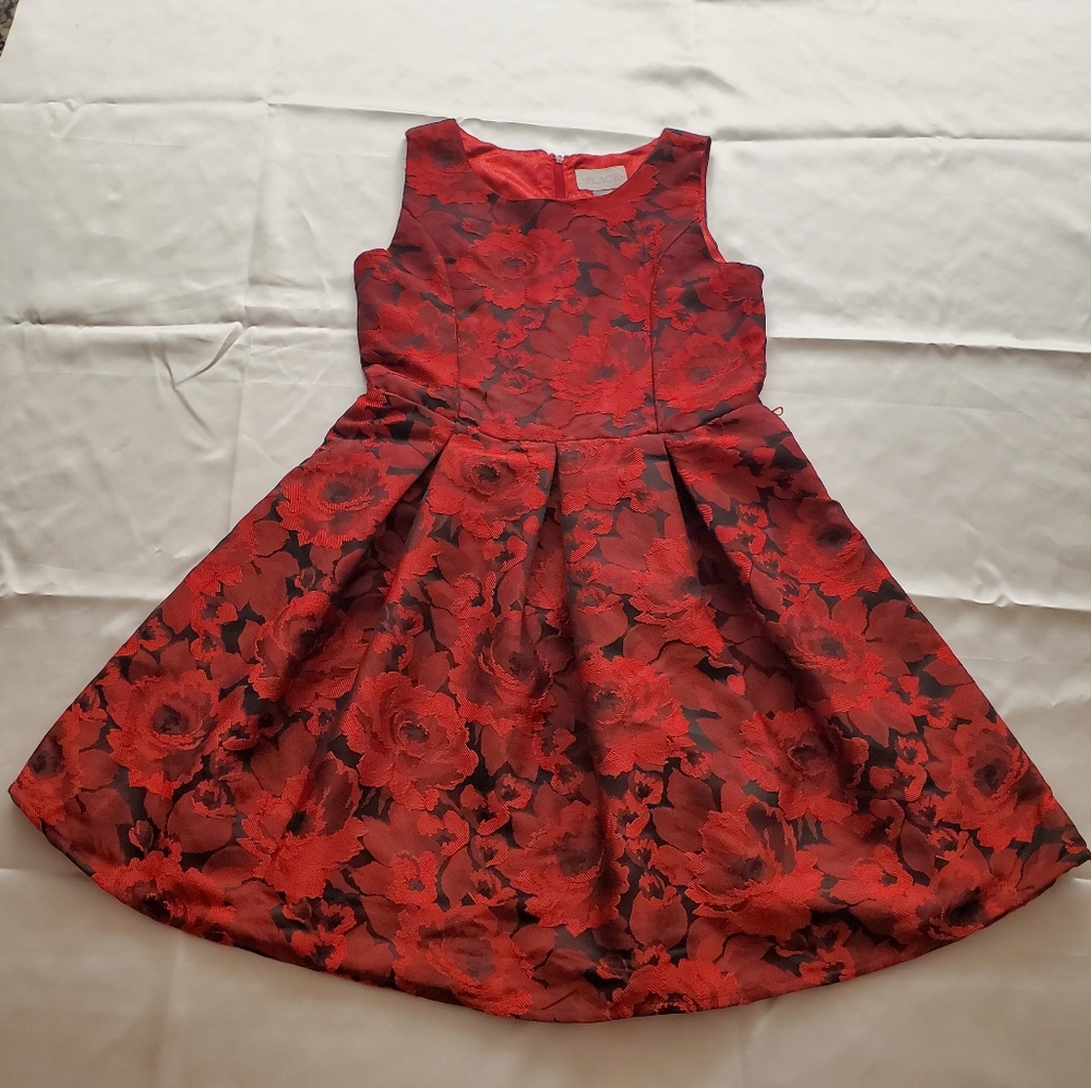 Red and Black Floral Jacquard Girl Dress Size 10